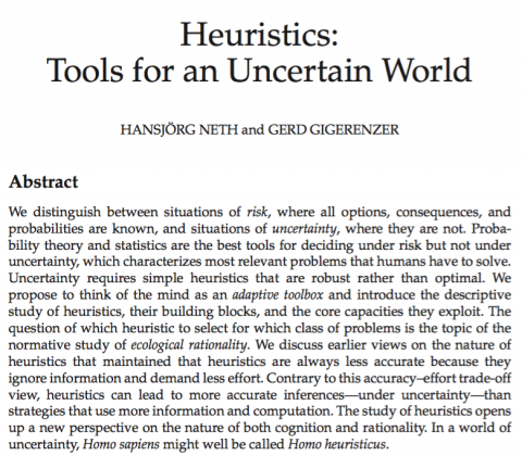 Heuristics: Tools for an Uncertain World (Neth & Gigerenzer, 2015)